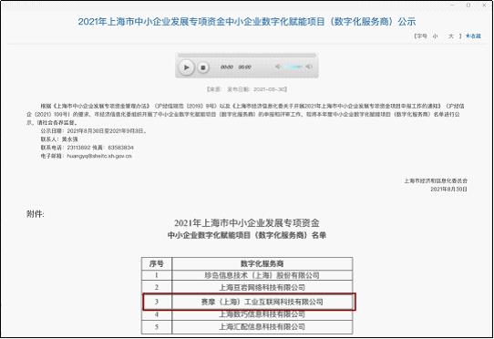 上海8868体育工业互联网获得“上海市中小企业发展专项资金中小企业数字化赋能项目”